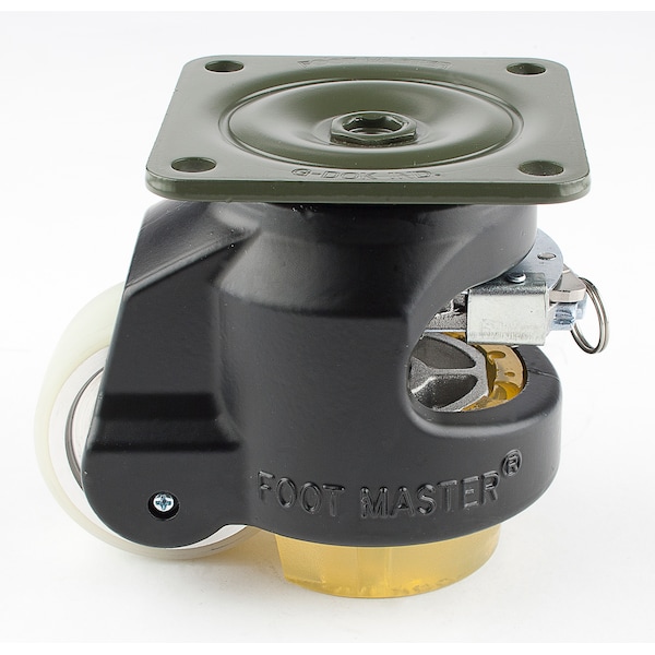 Foot Master Leveling Caster, Ratchet, 63 mm PU Wheel, 90x90 mm Plate, Swivel, 550 kg Cap, PU Foot Pad, Black GDR-80-F-HUP-CUR-FBL - main